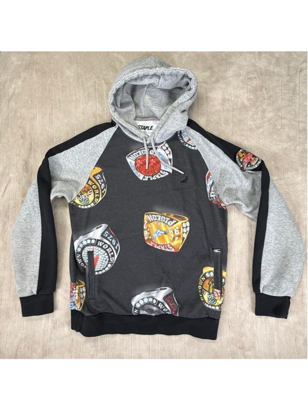 Men's Staple Small Black Gray Hoodie with Championship Ring Print